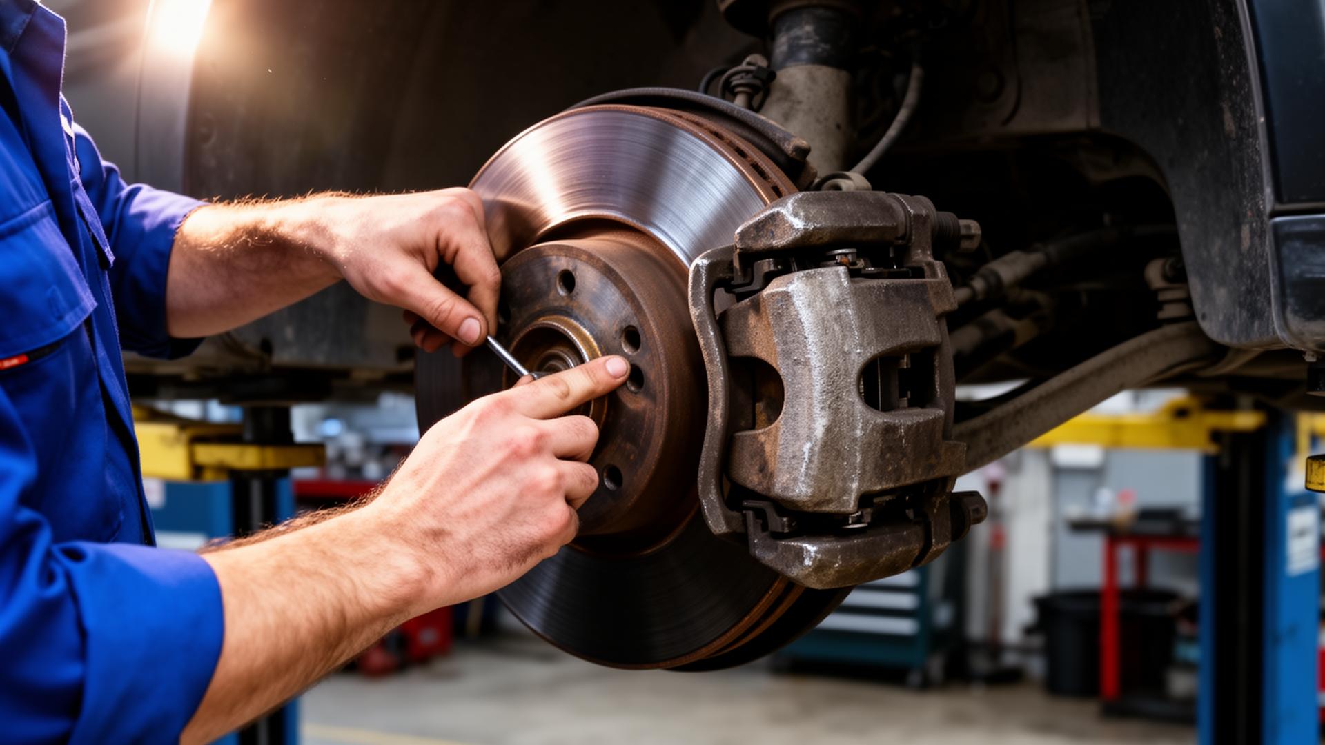Mechanic performing brake service at AmayaS' Auto Repair in San Rafael