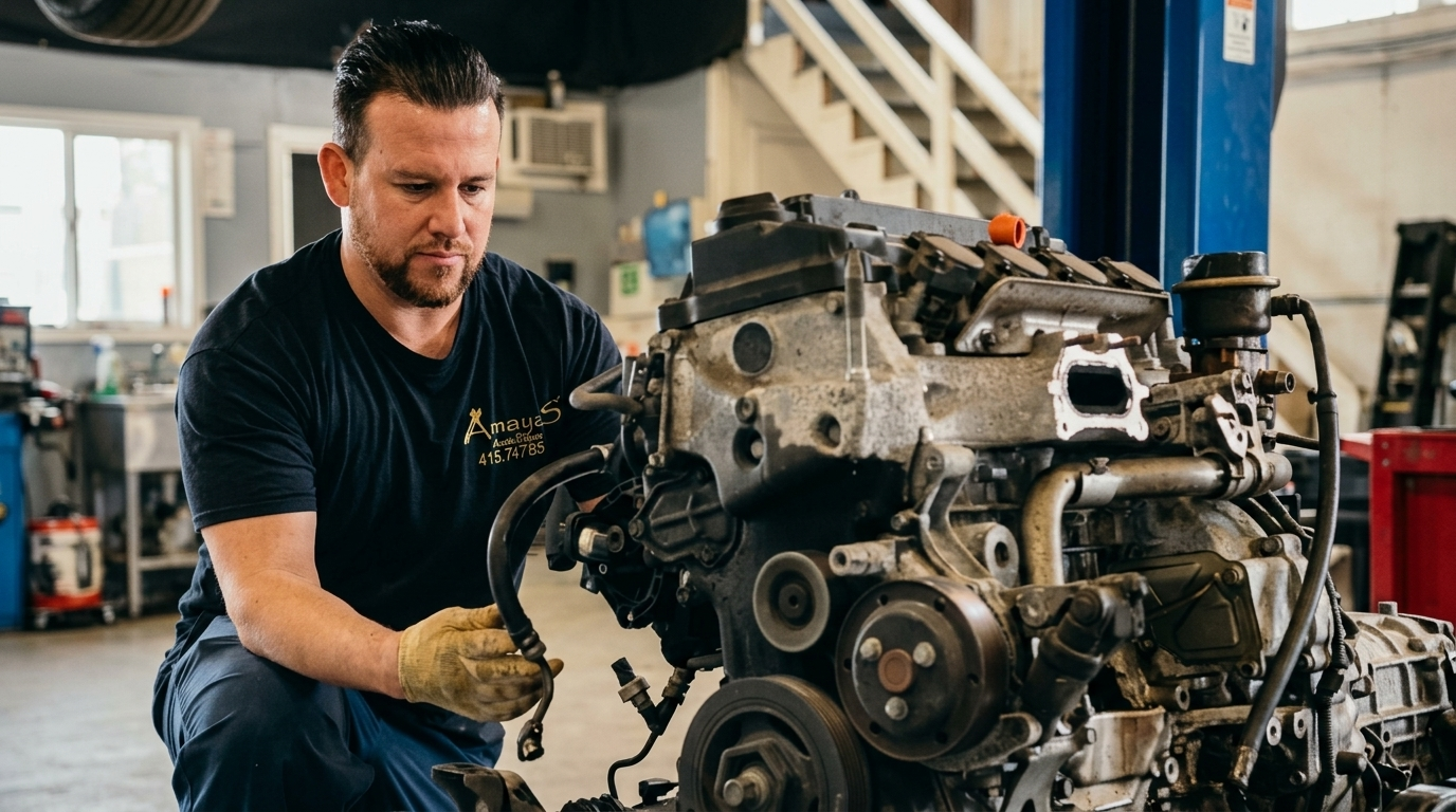 AmayaS' mechanic performing engine repair at the San Rafael auto shop